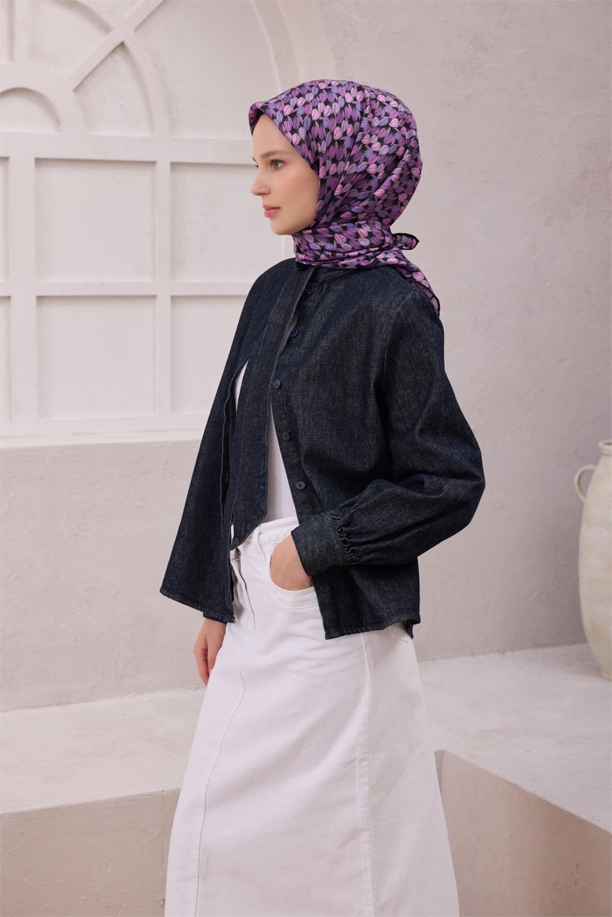 BELLİ ÇİÇEK DESEN İPEK EŞARP